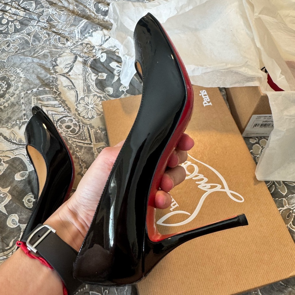 Christian Louboutin Glossy Black Peep Toe Heels Yootish 85 - Picture 7 of 16